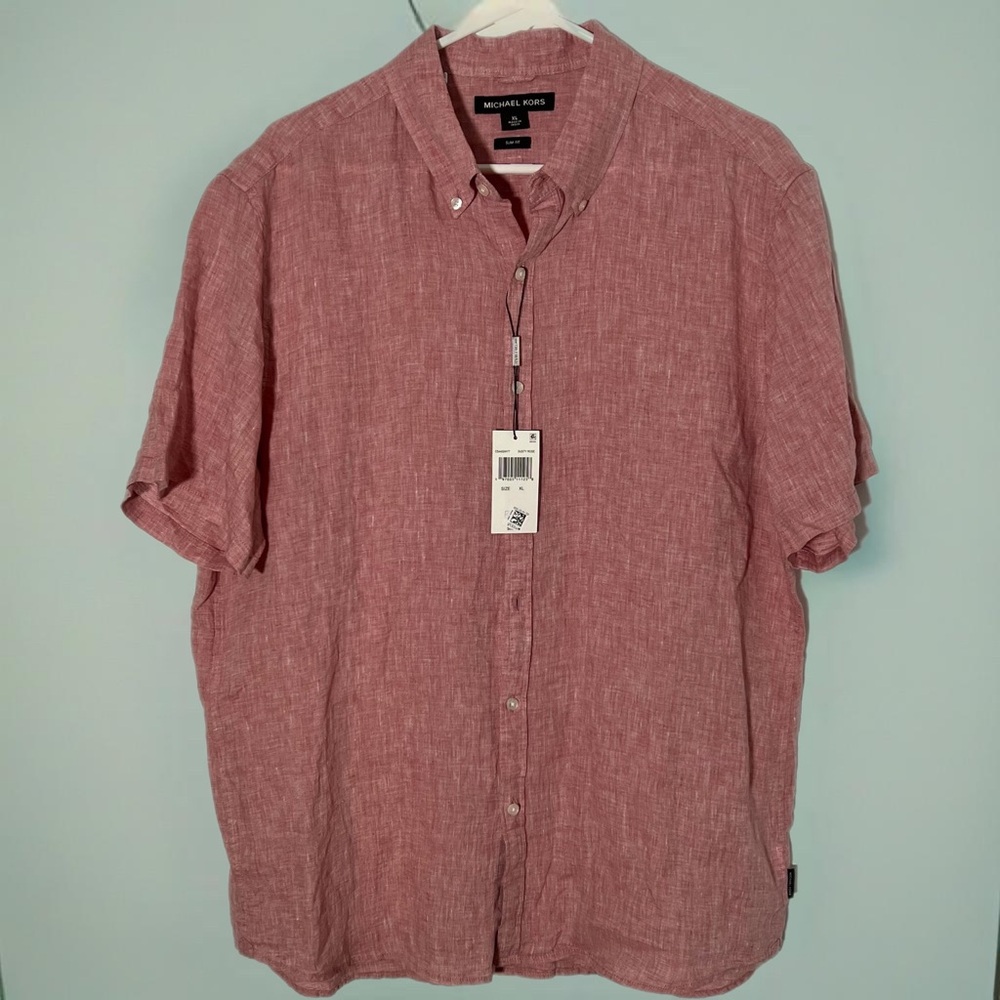 Michael Kors Men’s Short Sleeve Button-Up Shirt XL Dusty Rose Linen Blend NWT